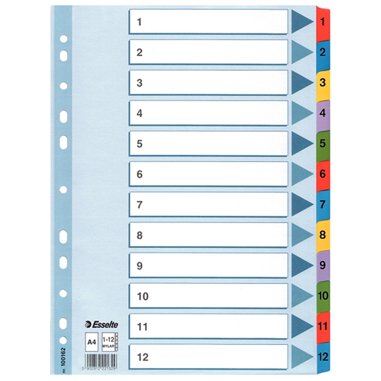 Изображение ESSELTE Sadalītājs dokumentiem   A4, 1-12 kartona ar krāsainiem cipariem