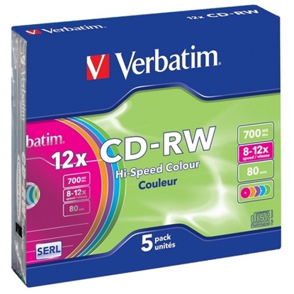 Изображение 1x5 Verbatim CD-RW 80 / 700MB 10x Speed, Colour, Slim