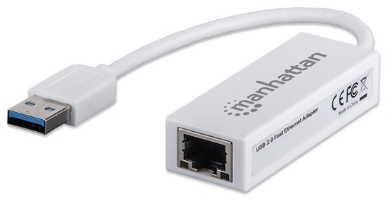 Изображение Manhattan USB-A Fast Ethernet Adapter, 10/100 Mbps Network, 480 Mbps (USB 2.0), Hi-Speed USB, RJ45, White, Three Year Warranty, Blister