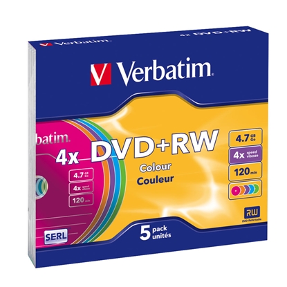 Attēls no 1x5 Verbatim DVD+RW 4,7GB 4x Speed Colour Surface Slimcase