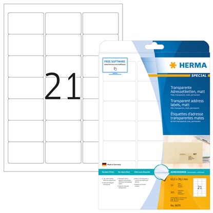 Изображение HERMA Address labels transparent matt A4 63.5x38.1 mm round corners film 525 pcs.