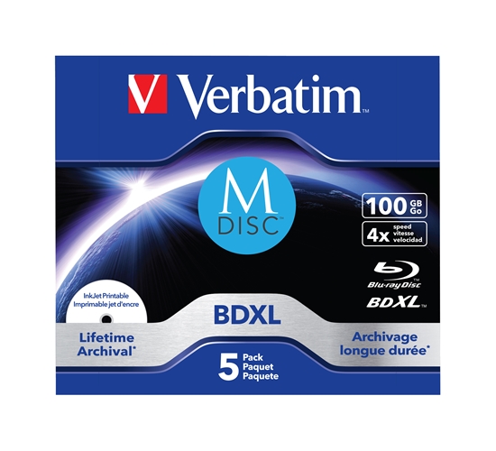 Picture of 1x5 Verbatim M-Disc BD-R Blu-Ray 100GB 4x Speed inkjet print. JC
