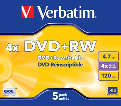 Attēls no 1x5 Verbatim DVD+RW 4,7GB 4x Speed, matt silver Jewel Case