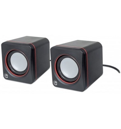Picture of Manhattan 2600 Series Speaker System, Small Size, Big Sound, Two Speakers, Stereo, USB power, Output: 2x 3W, 3.5mm plug for sound, In-Line volume control, Cable 0.9m, Black, Three Year Warranty, Box