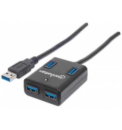 Attēls no Manhattan USB-A 4-Port Hub, 4x USB-A Ports, 5 Gbps (USB 3.2 Gen1 aka USB 3.0), Bus Power, Equivalent to Startech ST4300MINU3B, Fast charging x1 Port up to 0.9A or x4 Ports with power jack (not included), SuperSpeed USB, Black, Three Year Warranty, Blister