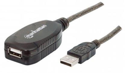 Picture of Manhattan USB-A to USB-A Extension Cable, 10m, Male to Female, Active, 480 Mbps (USB 2.0), Daisy-Chainable, Built In Repeater, Equivalent to USB2AAEXT10M, Hi-Speed USB, Black, Three Year Warranty, Blister