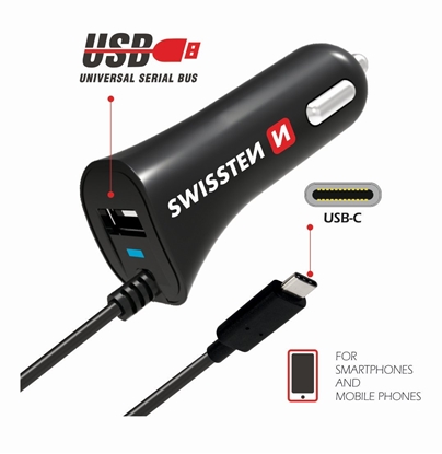 Attēls no Swissten Premium Car charger 12 / 24V / 2.4A + non-detachable USB-C Data Cable 1m
