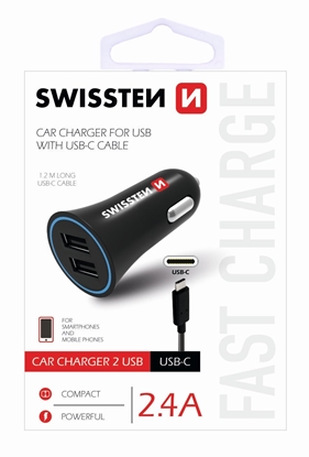 Attēls no Swissten Car charger 12 / 24V / 1A + 2.1A + USB-C Data Cable 1m