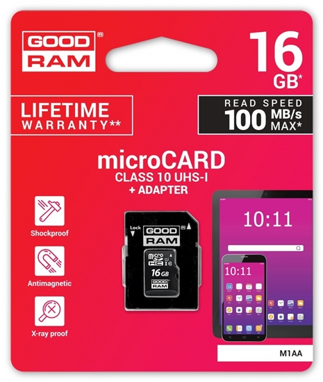 Изображение Atmiņas karte Goodram 16GB microSDHC class 10 UHS I + SD adapter