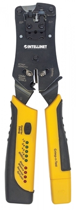 Изображение Intellinet Universal Modular Plug Crimping Tool and Cable Tester, 2-in-1 Crimper and Cable Tester: Cuts, Strips, Terminates and Tests, RJ45/RJ11/RJ12/RJ22