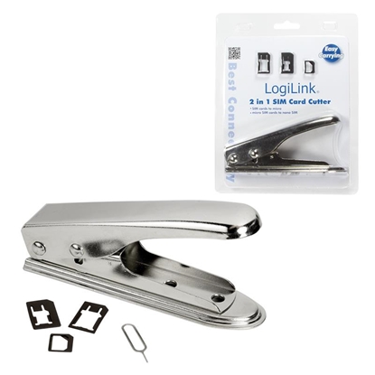 Picture of Logilink 2 in 1 SIM Card Cutter *For cutting of SIM cards into micro and nano format*Material: Stainless iron*For easy cutting of SIM cards*2x Nano-SIM cards, 1x Micro SIM Card*Adapter and 1x SIM card pin included*Color: Silver/Chrome