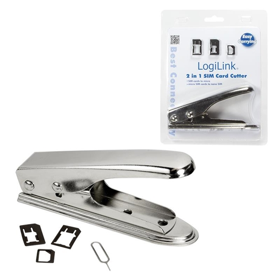 Picture of Logilink | 2 in 1 SIM Card Cutter | *For cutting of SIM cards into micro and nano format*Material: Stainless iron*For easy cutting of SIM cards*2x Nano-SIM cards, 1x Micro SIM Card*Adapter and 1x SIM card pin included*Color: Silver/Chrome