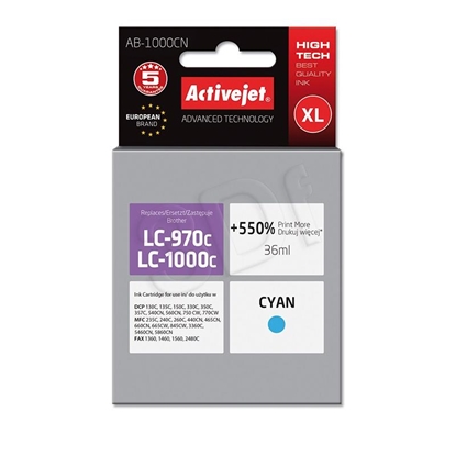 Picture of Activejet AB-1000CN Ink cartridge (replacement for Brother LC1000C/970C; Supreme; 36 ml; cyan). Prints 550% more.