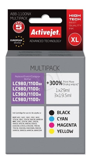 Picture of Activejet ABB-1100NX Ink cartridge (replacement for Brother LC1100/980; Supreme; 1 x 29 ml, 3 x 19.5 ml; black, magenta, cyan, yellow)
