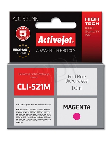 Picture of Activejet ACC-521MN Ink (replacement for Canon CLI-521M; Supreme; 10 ml; magenta)