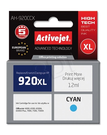 Picture of Activejet AH-920CCX Ink (replacement for HP 920XL CD972AE; Premium; 12 ml; cyan)