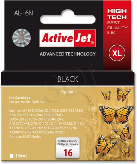 Picture of Activejet AL-16N Ink Cartridge (replacement for Lexmark 16 10N0016; Supreme; 15 ml; black)