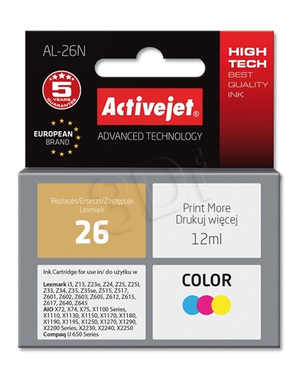 Picture of Activejet AL-26N Ink Cartridge (replacement for Lexmark 26 10N0026; Supreme; 12 ml; color)