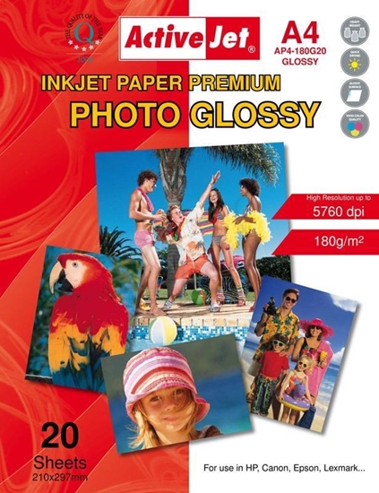 Изображение Activejet AP4-180G20 glossy photo paper; for ink printers; A4; 20 pcs