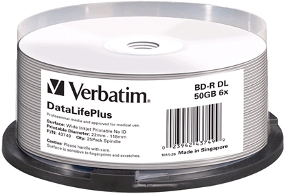Picture of 1x25 Verbatim BD-R Blu-Ray 50GB 6x Speed printable Cakebox