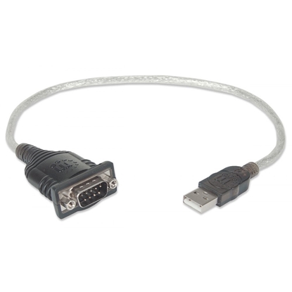 Picture of Manhattan USB-A to Serial Converter cable, 45cm, Male to Male, Serial/RS232/COM/DB9, Prolific PL-2303RA Chip, Equivalent to Startech ICUSB232V2, Black/Silver cable, Three Year Warranty, Blister
