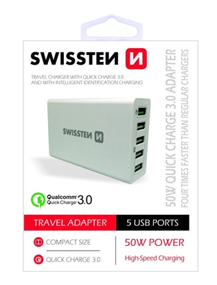 Attēls no Swissten Qualcomm 3.0 QC Smart IC Premium Travel Charger USB 5x 2.1A 50W