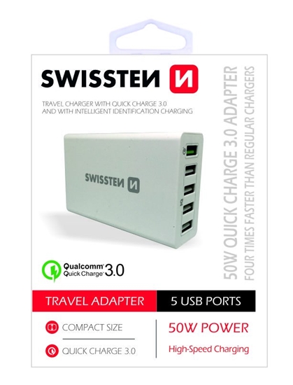 Picture of Swissten Qualcomm 3.0 QC Smart IC Premium Travel Charger USB 5x 2.1A 50W