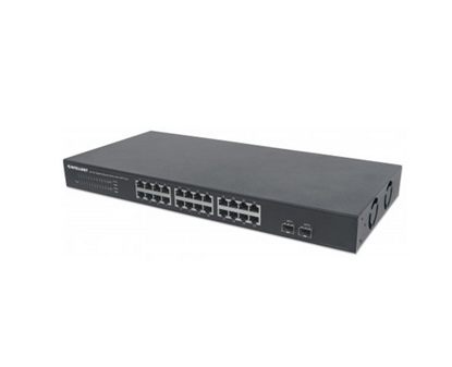 Attēls no Intellinet 24-Port Gigabit Ethernet Switch with 2 SFP Ports, 24 x 10/100/1000 Mbps RJ45 Ports + 2 x SFP, IEEE 802.3az (Energy Efficient Ethernet), 19" Rackmount, Metal (Euro 2-pin plug)
