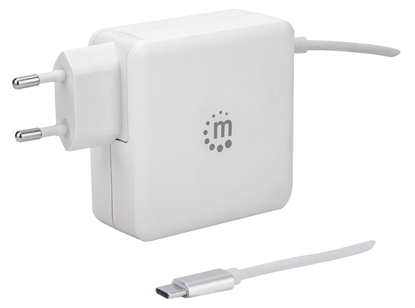 Picture of Manhattan Wall/Power Mobile Device Charger (Euro 2-pin), USB-C and USB-A ports, USB-C Output: 60W / 3A, USB-A Output: 2.4A, USB-C 1m Cable Built In, White, Phone Charger, Three Year Warranty, Box