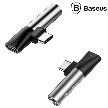 Attēls no Adapter Baseus USB C plug - 3.5mm stereo connector, with charging Silver + Black