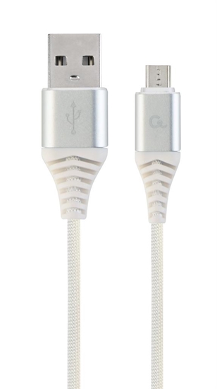 Изображение Gembird USB Male - Micro USB Male Premium cotton braided 1m Silver/White