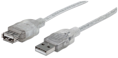 Picture of Manhattan USB-A to USB-A Extension Cable, 4.5m, Male to Female, 480 Mbps (USB 2.0), Hi-Speed USB, Translucent Silver, Lifetime Warranty, Polybag