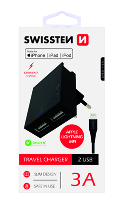 Attēls no Swissten MFI Premium Apple Certified Travel Charger USB 3А / 15W With Lightning Cable 1.2m