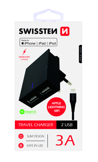 Picture of Swissten MFI Apple Certified Travel Charger USB 3А / 15W With Lightning Cable 1.2m