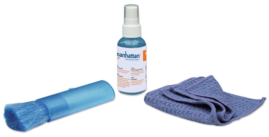 Picture of Manhattan LCD Cleaning Kit (mini), Alcohol-free, Includes Cleaning Solution (60ml), Brush and Microfibre Cloth, Ideal for use on monitors/laptops/keyboards/etc, Three Year Warranty, Blister