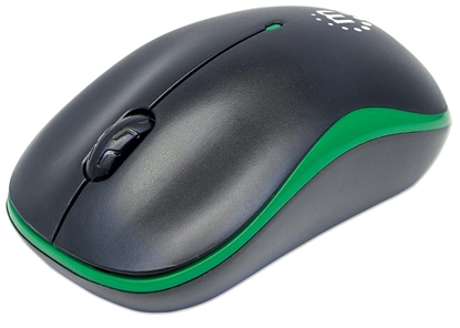 Attēls no Manhattan Success Wireless Mouse, Black/Green, 1000dpi, 2.4Ghz (up to 10m), USB, Optical, Three Button with Scroll Wheel, USB micro receiver, AA battery (included), Low friction base, Three Year Warranty, Blister