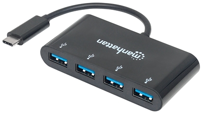 Picture of Manhattan USB-C Dock/Hub, Ports (x4): USB-A (x4), 5 Gbps (USB 3.2 Gen1 aka USB 3.0), External Power Supply Not Needed, Equivalent to Startech HB30C4AB, Cable 20cm, SuperSpeed USB, Black, Three Year Warranty, Blister