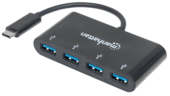 Изображение Manhattan USB-C Dock/Hub, Ports (x4): USB-A (x4), 5 Gbps (USB 3.2 Gen1 aka USB 3.0), External Power Supply Not Needed, Equivalent to Startech HB30C4AB, Cable 20cm, SuperSpeed USB, Black, Three Year Warranty, Blister