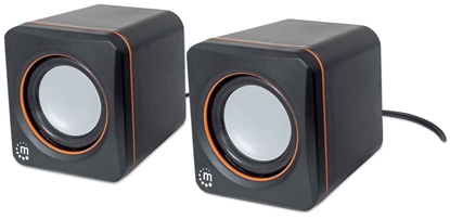 Picture of Manhattan 2600 Series Speaker System, Small Size, Big Sound, Two Speakers, Stereo, USB power, Output: 2x 3W, 3.5mm plug for sound, In-Line volume control, Cable 0.9m, Black, Three Year Warranty, Box
