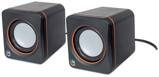 Picture of Manhattan 2600 Series Speaker System, Small Size, Big Sound, Two Speakers, Stereo, USB power, Output: 2x 3W, 3.5mm plug for sound, In-Line volume control, Cable 0.9m, Black, Three Year Warranty, Box