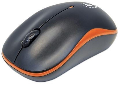 Picture of Manhattan Success Wireless Mouse, Black/Orange, 1000dpi, 2.4Ghz (up to 10m), USB, Optical, Three Button with Scroll Wheel, USB micro receiver, AA battery (included), Low friction base, Three Year Warranty, Blister