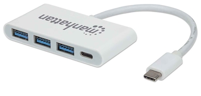 Attēls no Manhattan USB-C Dock/Hub, Ports (x4): USB-A (x3) and USB-C, 5 Gbps (USB 3.2 Gen1 aka USB 3.0), With Power Delivery (60W) to USB-C Port (Note additional USB-C wall charger and USB-C cable needed), SuperSpeed USB, White, Three Year Warranty, Blister