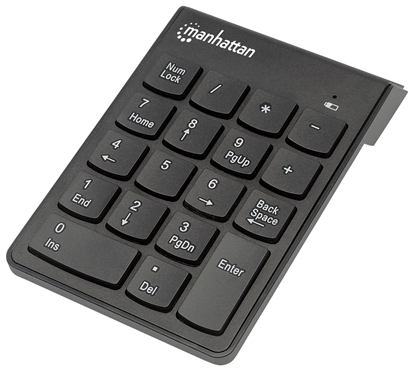 Picture of Manhattan Numeric Keypad, Wireless (2.4GHz), USB-A Micro Receiver, 18 Full Size Keys, Black, Membrane Key Switches, Auto Power Management, Range 10m, AAA Battery (included), Windows and Mac, Three Year Warranty, Blister