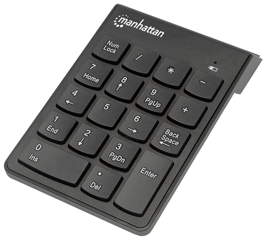 Picture of Manhattan Numeric Keypad, Wireless (2.4GHz), USB-A Micro Receiver, 18 Full Size Keys, Black, Membrane Key Switches, Auto Power Management, Range 10m, AAA Battery (included), Windows and Mac, Three Year Warranty, Blister