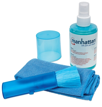 Picture of Manhattan LCD Cleaning Kit, Alcohol-free, Includes Cleaning Solution (200ml), Brush and Microfibre Cloth, Ideal for use on monitors/laptops/keyboards/etc, Three Year Warranty, Blister