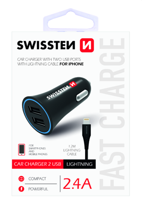 Attēls no Swissten Car charger 12 - 24V / 1A + 2.1A + Lightning Data Cable 1.2m
