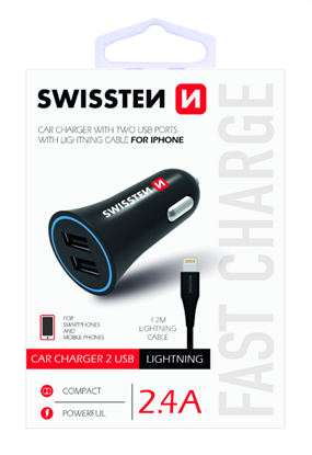 Изображение Swissten Car charger 12 - 24V / 1A + 2.1A + Lightning Data Cable 1.2m