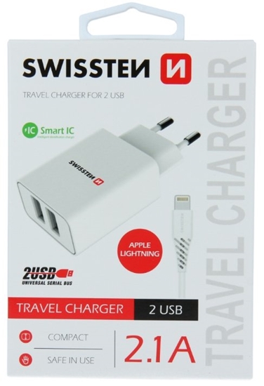 Изображение Swissten Smart IC Travel Charger 2x USB 2.1A with Lightning Cable 1.2m