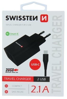 Attēls no Swissten Smart IC Travel Charger 2x USB 2.1А with USB-C Cable 1.2 m