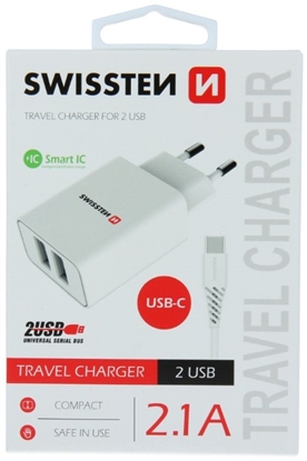 Attēls no Swissten Smart IC Travel Charger 2x USB 2.1А with USB-C Cable 1.2 m